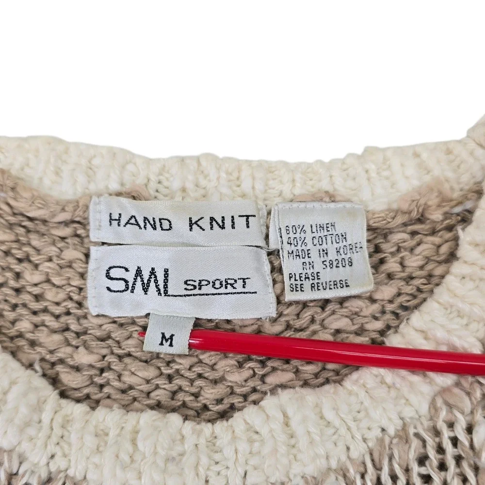 SML Sport Vintage Hand Knit Linen Cotton Sweater Beige Red Blue Diamond M‎